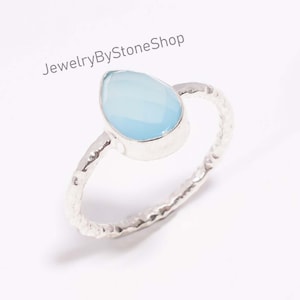 Engagement Ring Aqua Chalcedony Ring Handmade Ring Pear Gemstone Ring Gift For her