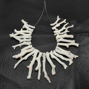 May include: A white coral branch necklace, strung on a thin, clear cord. The coral pieces are irregular in shape, with a natural, organic appearance. The necklace is displayed against a dark background.