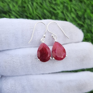 Handmade Pear Ruby Earrings: 925 Sterling Silver Dangle Drop Earrings