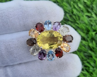 Multi Stone Sterling Silver Ring: Oval Semi Precious Gemstone