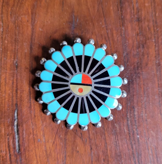 Zuni mosaic brooch with pendant loop. - image 1