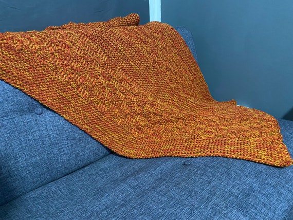 Hand Knitted Marled Triple Yarn Blanket Throw Orange Mix Etsy UK