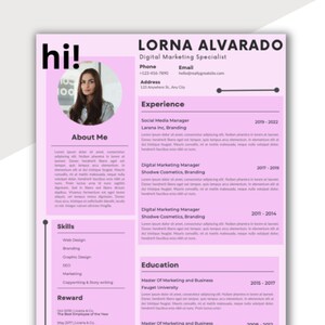 May include: A pink and white CV template with a photo of a woman in the top left corner. The CV is for Lorna Alvarado, a Digital Marketing Specialist. The CV includes sections for About Me, Skills, Experience, Education, and Reward.