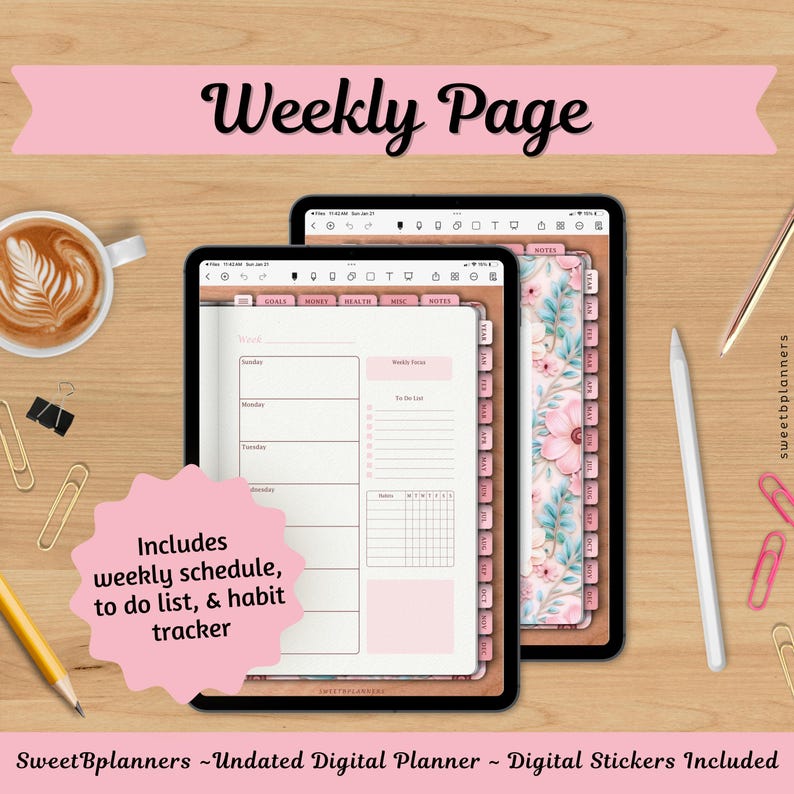 Undated Digital Planner, Goodnotes, Noteshelf, iPad Planner, Portrait Planner, Digital Stickers, Weekly Planner, Pink Floral Planner image 4