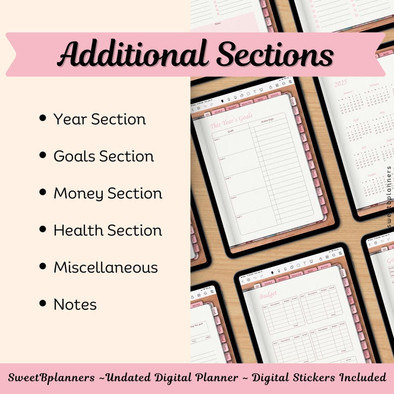 Undated Digital Planner, Goodnotes, Noteshelf, iPad Planner, Portrait Planner, Digital Stickers, Weekly Planner, Pink Floral Planner image 5