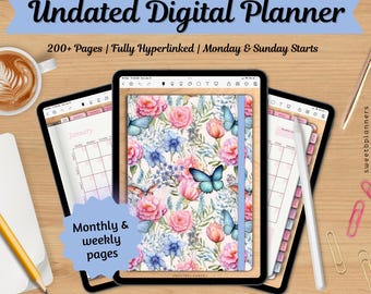 Undated Digital Planner, Goodnotes, Noteshelf, iPad Planner, Portrait Planner, Digital Stickers, Weekly Planner, Floral Planner