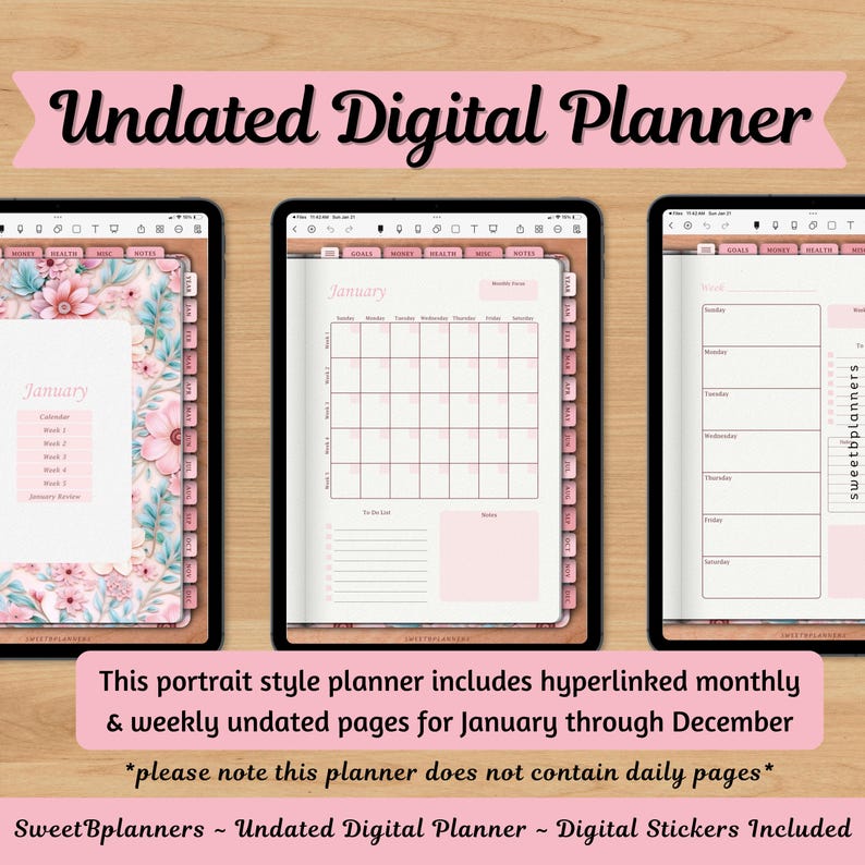 Undated Digital Planner, Goodnotes, Noteshelf, iPad Planner, Portrait Planner, Digital Stickers, Weekly Planner, Pink Floral Planner image 2