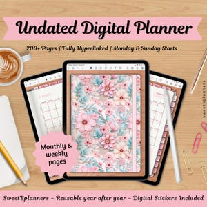 Undated Digital Planner, Goodnotes, Noteshelf, iPad Planner, Portrait Planner, Digital Stickers, Weekly Planner, Pink Floral Planner image 1
