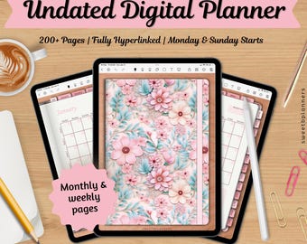 Undated Digital Planner, Goodnotes, Noteshelf, iPad Planner, Portrait Planner, Digital Stickers, Weekly Planner, Pink Floral Planner