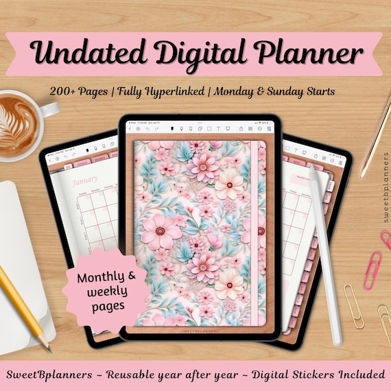 Undated Digital Planner, Goodnotes, Noteshelf, iPad Planner, Portrait Planner, Digital Stickers, Weekly Planner, Pink Floral Planner