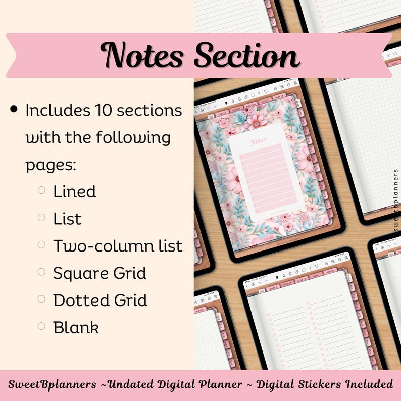 Undated Digital Planner, Goodnotes, Noteshelf, iPad Planner, Portrait Planner, Digital Stickers, Weekly Planner, Pink Floral Planner image 6