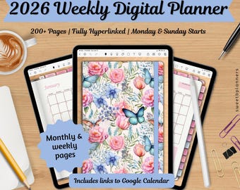 2026 Blue Butterfly Weekly Planner, Goodnotes, Noteshelf, Digital Download, Google Calendar, Digital Stickers, iPad Planner