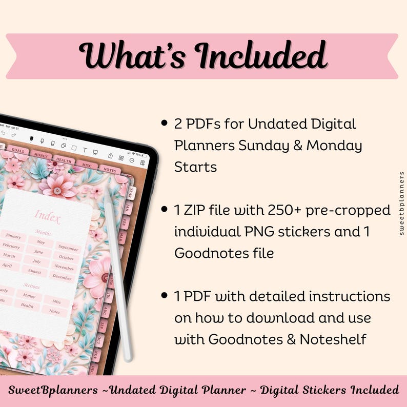 Undated Digital Planner, Goodnotes, Noteshelf, iPad Planner, Portrait Planner, Digital Stickers, Weekly Planner, Pink Floral Planner image 8