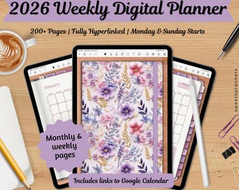 2026 Purple Floral Weekly Planner, Goodnotes, Noteshelf, Digital Download, Google Calendar, Portrait Planner, Digital Stickers, iPad Planner