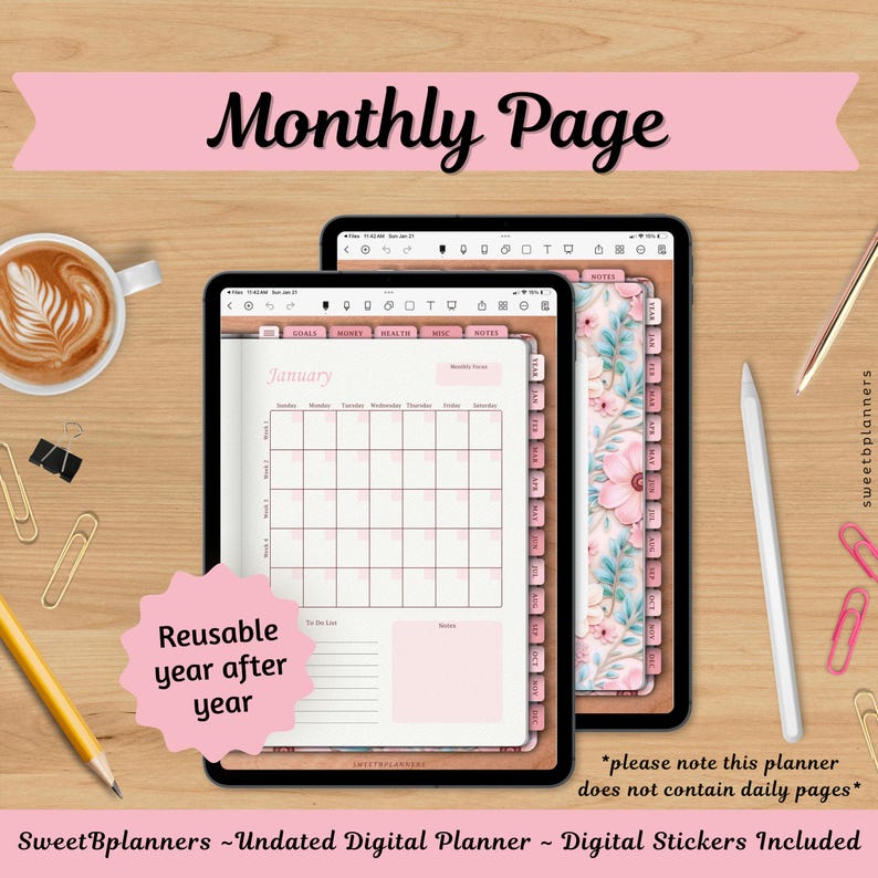 Undated Digital Planner, Goodnotes, Noteshelf, iPad Planner, Portrait Planner, Digital Stickers, Weekly Planner, Pink Floral Planner image 3