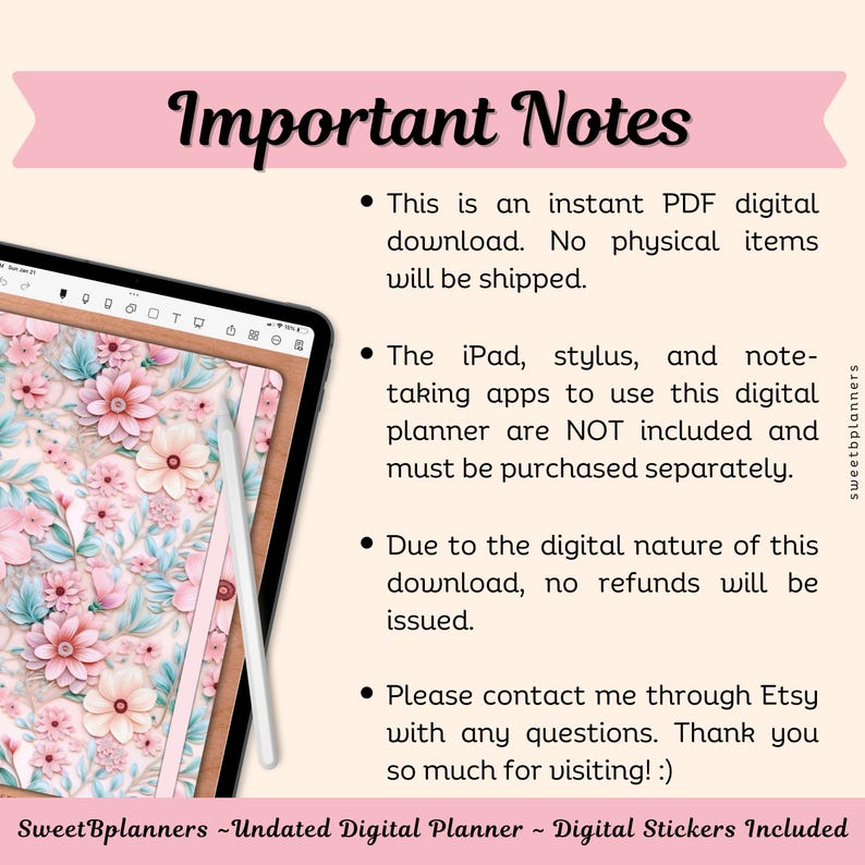 Undated Digital Planner, Goodnotes, Noteshelf, iPad Planner, Portrait Planner, Digital Stickers, Weekly Planner, Pink Floral Planner image 9