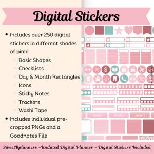 Undated Digital Planner, Goodnotes, Noteshelf, iPad Planner, Portrait Planner, Digital Stickers, Weekly Planner, Pink Floral Planner image 7