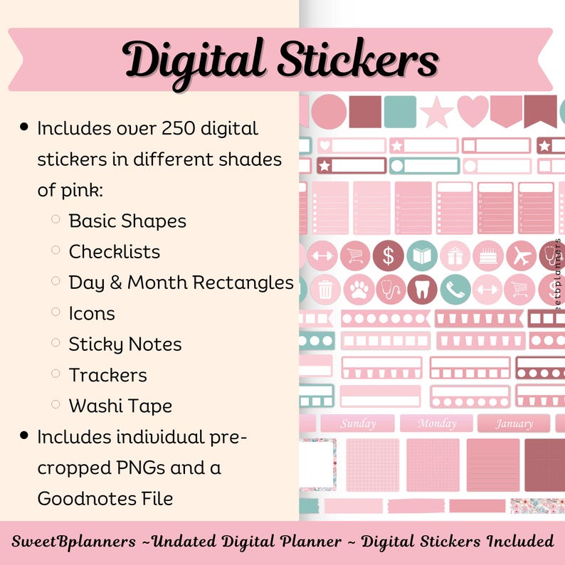 Undated Digital Planner, Goodnotes, Noteshelf, iPad Planner, Portrait Planner, Digital Stickers, Weekly Planner, Pink Floral Planner image 7