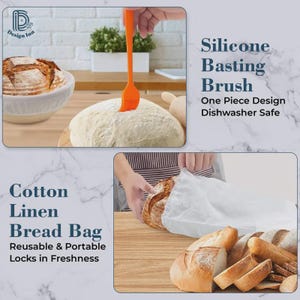 Puede incluir: Un conjunto de utensilios de cocina para hornear pan, que incluye un pincel de silicona para untar, una bolsa de pan de lino de algod&oacute;n y una hogaza de pan. El pincel de silicona es naranja y tiene un mango largo. La bolsa de pan es blanca y tiene un cierre de cord&oacute;n. La hogaza de pan es de color marr&oacute;n dorado y tiene una corteza crujiente.