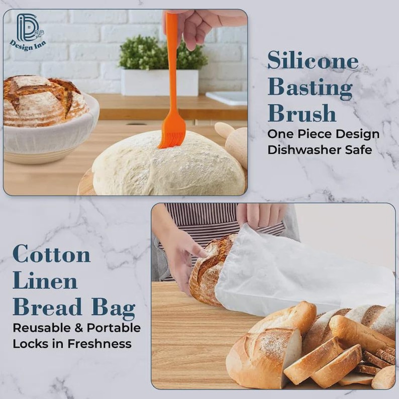 Puede incluir: Un conjunto de utensilios de cocina para hornear pan, que incluye un pincel de silicona para untar, una bolsa de pan de lino de algod&oacute;n y una hogaza de pan. El pincel de silicona es naranja y tiene un mango largo. La bolsa de pan es blanca y tiene un cierre de cord&oacute;n. La hogaza de pan es de color marr&oacute;n dorado y tiene una corteza crujiente.