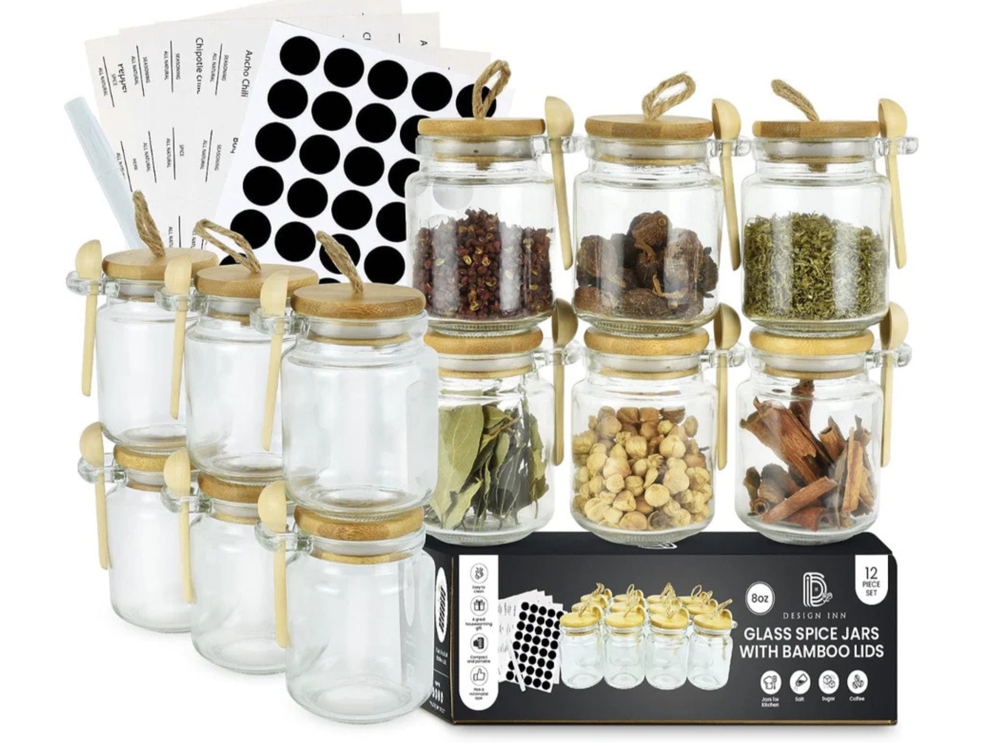 SpiceLuxe 8 oz Spice Jars with Lids - Square Clear Glass Spice Bottles with  Stainless Dispenser Caps (8 Pack, Dispenser cap)