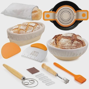 May include: A set of 10 baking tools for making artisan bread, including a proofing basket, a dough scraper, a bread lame, a  bread scoring tool, a  bread brush, a  baking  bowl, a  measuring tape, a  dough whisk, a  bread  scoring  tool, and a  bread  scoring  tool.