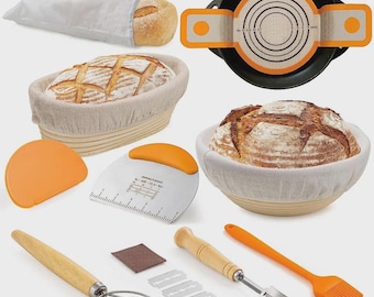 Sourdough Bread Proofing Kit – 14 Piece Banneton Basket Set with Lame, Dough Whisk & Tools