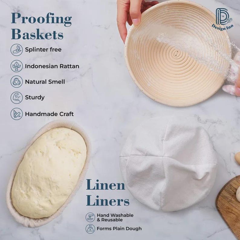 Puede incluir: Un juego de dos cestas de fermentaci&oacute;n redondas tejidas con un forro de lino blanco. Las cestas est&aacute;n hechas de rat&aacute;n natural y est&aacute;n dise&ntilde;adas para ayudar al pan a crecer de manera uniforme. Los forros de lino son lavables y reutilizables. El texto en la imagen dice "Cestas de fermentaci&oacute;n" y "Forros de lino".