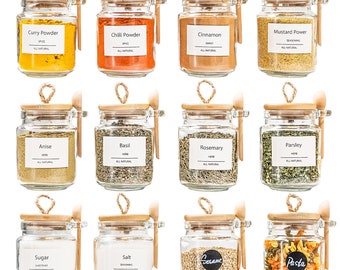 Glass Spice Jars with Bamboo Lids – 8oz Set of 12 with Labels & Spoons