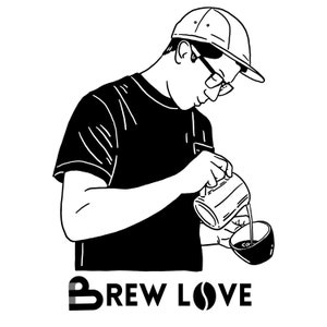May include: Black and white line drawing of a person wearing a baseball cap and glasses pouring coffee from a jug into a cup. The text "Brew Love" is below the image with a coffee bean icon.