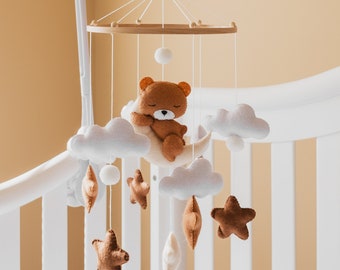 Neutral mobile for crib, Felt Ball Mobile, Bear Crib Mobile,  Bear Baby shower, Gift Baby Nursery Decor  kids mobile, bear stars baby mobile