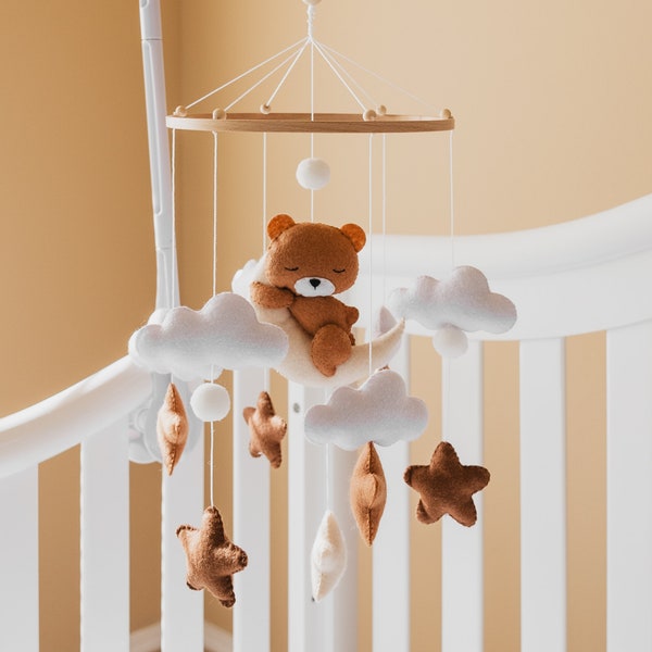 Neutral mobile for crib, Felt Ball Mobile, Bear Crib Mobile,  Bear Baby shower, Gift Baby Nursery Decor  kids mobile, bear stars baby mobile