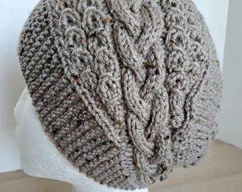 Winter Knitted Beanie Toque Hat, Handmade, Tweed brown-beige yarn,Slouchy Winter Cap, Warm Winter Accessories, Gift for Men or Women