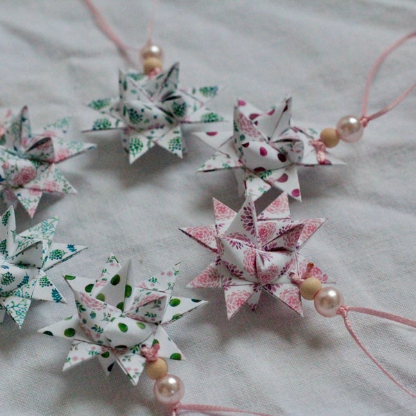 SET OF 6 Folded Floral Paper Stars with Pearls and Wooden Beads | Moravian German Danish Swedish Polish Nordic Scandinavian Advent Froebel