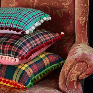 Plaid Cozy Autumn Pompom Trim Ball Fringe Envelope Pillow Covers