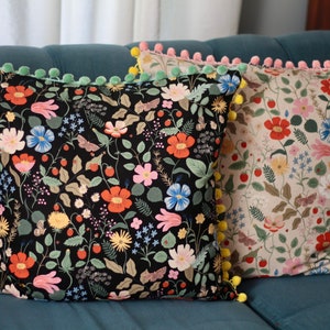 Rifle Paper Co. Strawberry Floral Print Ball Fringe Envelope Back Pillow Cover