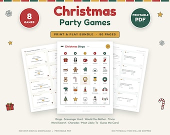 クリスマスパーティーゲームセット、印刷可能なPDFファイル8種類、家族やオフィスで楽しめる（80ページ）