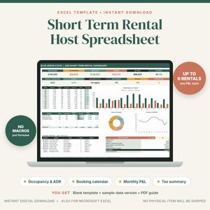 Puede incluir: Una plantilla digital de Excel para anfitriones de alquileres a corto plazo mostrada en una pantalla de portátil. El panel incluye datos financieros, tasas de ocupación y calendarios. El texto dice "Short Term Rental Host Spreadsheet".