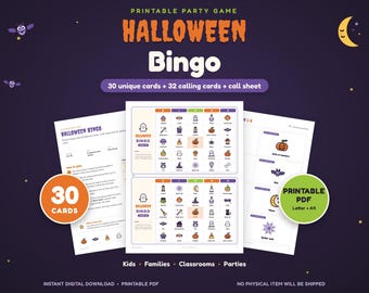 ハロウィンビンゴ（印刷用）、絵カード30枚、教室パーティーゲーム（PDF）