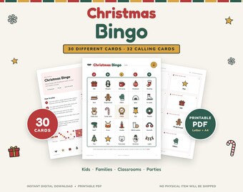 子供向けクリスマス絵ビンゴ、カード30枚、ホリデーパーティーゲーム（PDF）