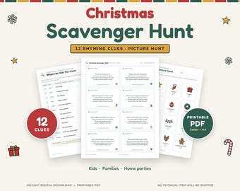 クリスマス・スカベンジャーハント（印刷可能）、韻を踏んだ12のヒント、室内パーティーゲーム（PDF）