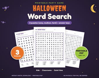 ハロウィンワードサーチプリント、3つのパズル（簡単、中級、上級）、解答付き（PDF）