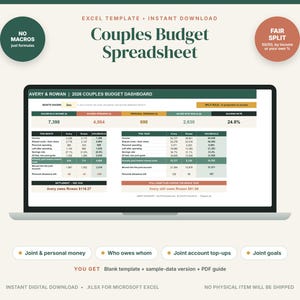 May include: A laptop screen displaying a Couples Budget Spreadsheet Excel template. The dashboard shows financial data for Avery and Rowan, including household income, shared spending, personal spending, savings goals, and a settlement section.
