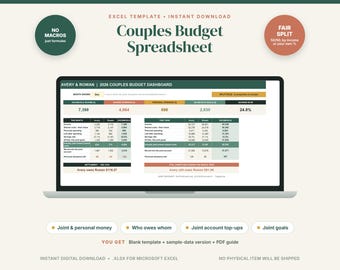 Couples Budget Spreadsheet, Joint & Personal Money Planner, Fair Split Tracker (Excel/Google Sheets)