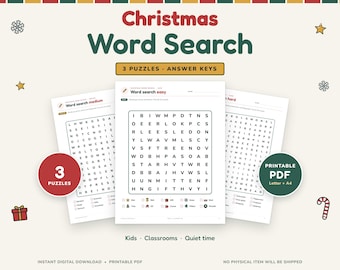 クリスマスワードサーチパズル（易しいものから難しいものまで）、解答付き（PDFダウンロード）