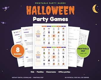 ハロウィンパーティーゲームセット、印刷可能なアクティビティ8種類（デジタルダウンロード）