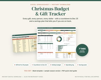 クリスマス予算スプレッドシート（​​ギフトトラッカーと貯蓄プラン付き）、ホリデー予算プランナー、毎年再利用可能（Excelテンプレート）
