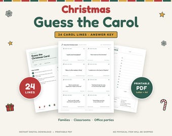 クリスマスキャロル当てゲーム、歌詞カード24枚、ホリデーパーティーアクティビティ（PDF）