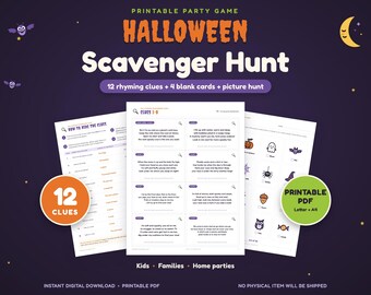 ハロウィンの宝探しゲーム用印刷物、韻を踏んだヒントカード、絵探し（PDF）