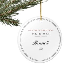 First Christmas Married Ornament 2026, Personalized Mr and Mrs Last Name, Ceramic Wedding Gift